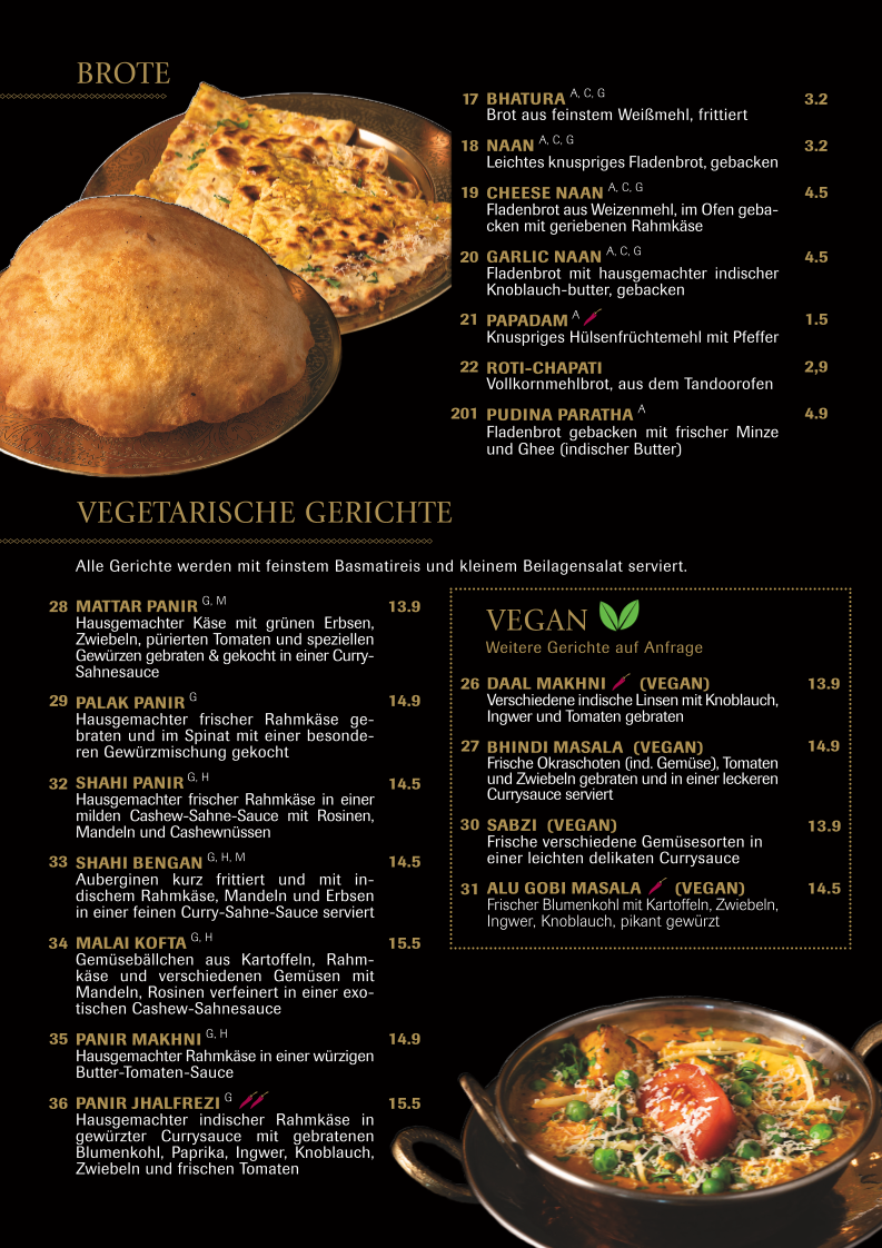 Speisekarte, Papadam Indisches Restaurant