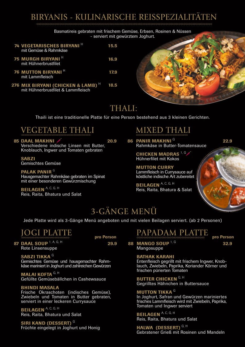 Speisekarte, Papadam Indisches Restaurant
