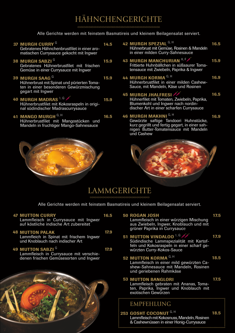Speisekarte, Papadam Indisches Restaurant