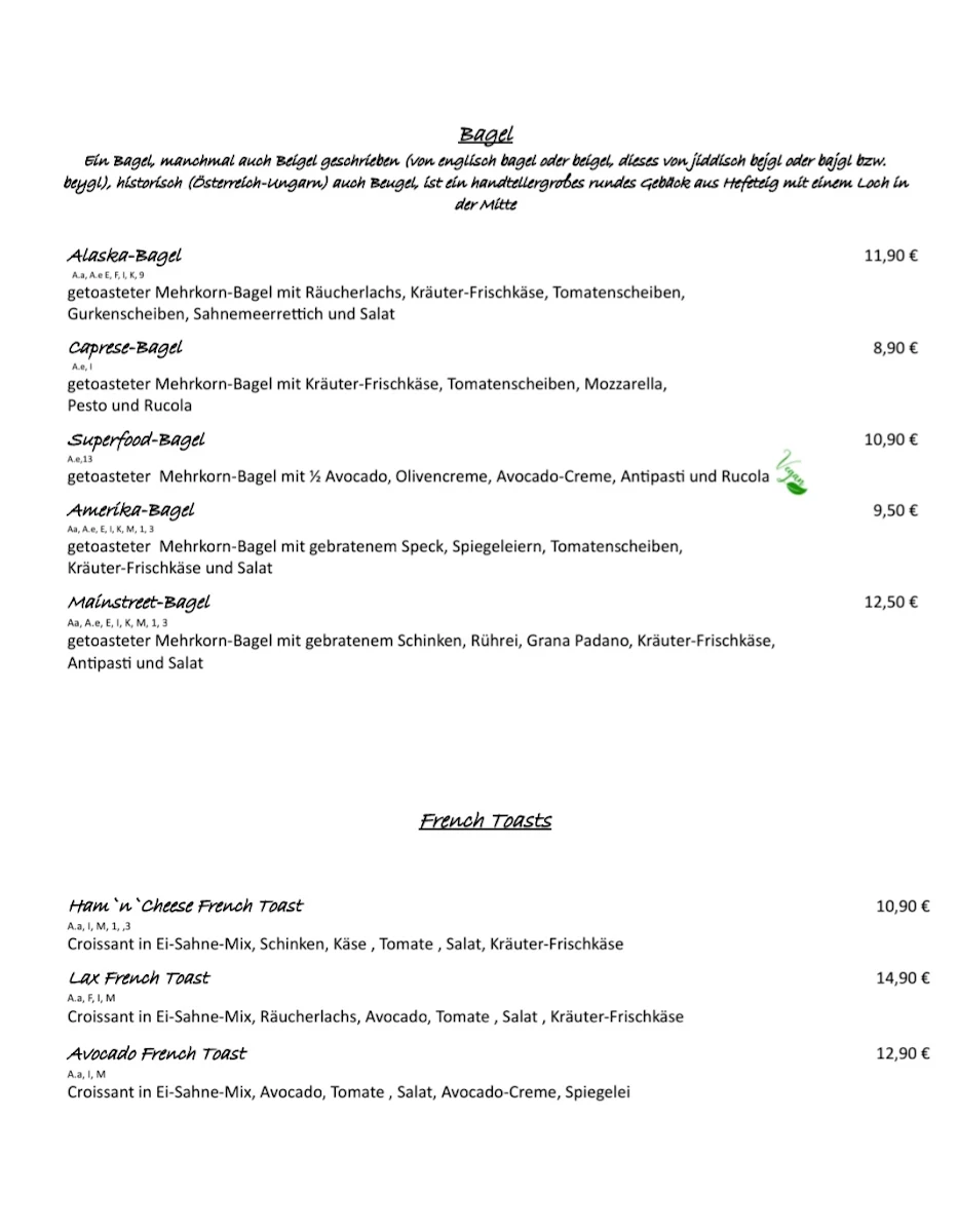 Speisekarte, Café Mainstreet