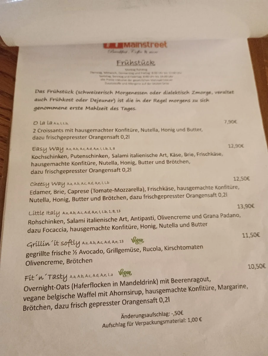 Speisekarte, Café Mainstreet