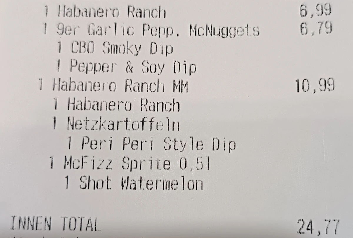 Speisekarte, McDonald's