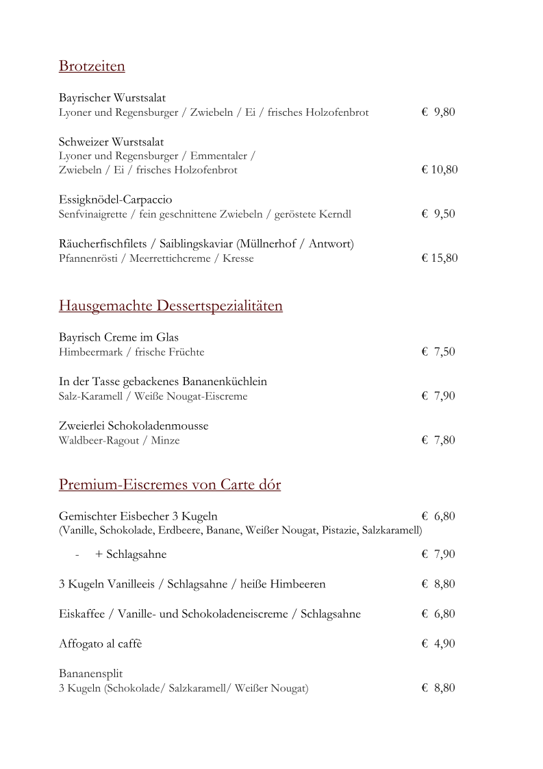 Speisekarte, Restaurant im Burghotel