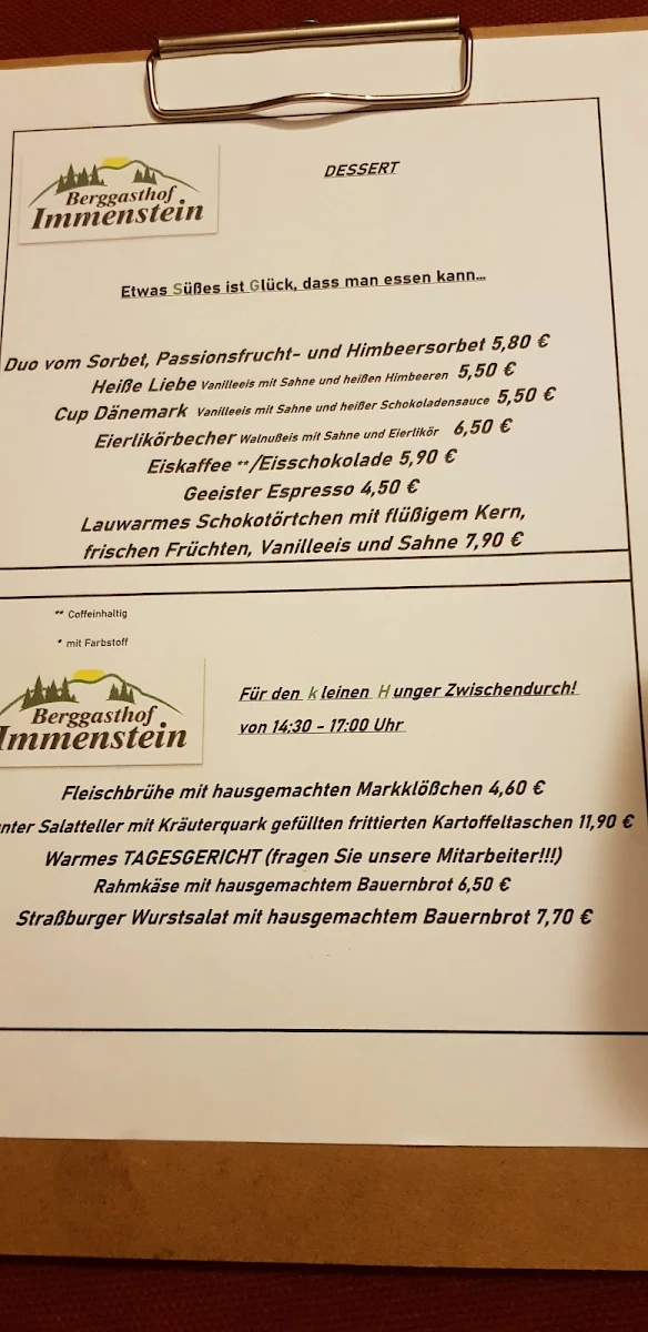 Speisekarte, Gaststätte Immenstein