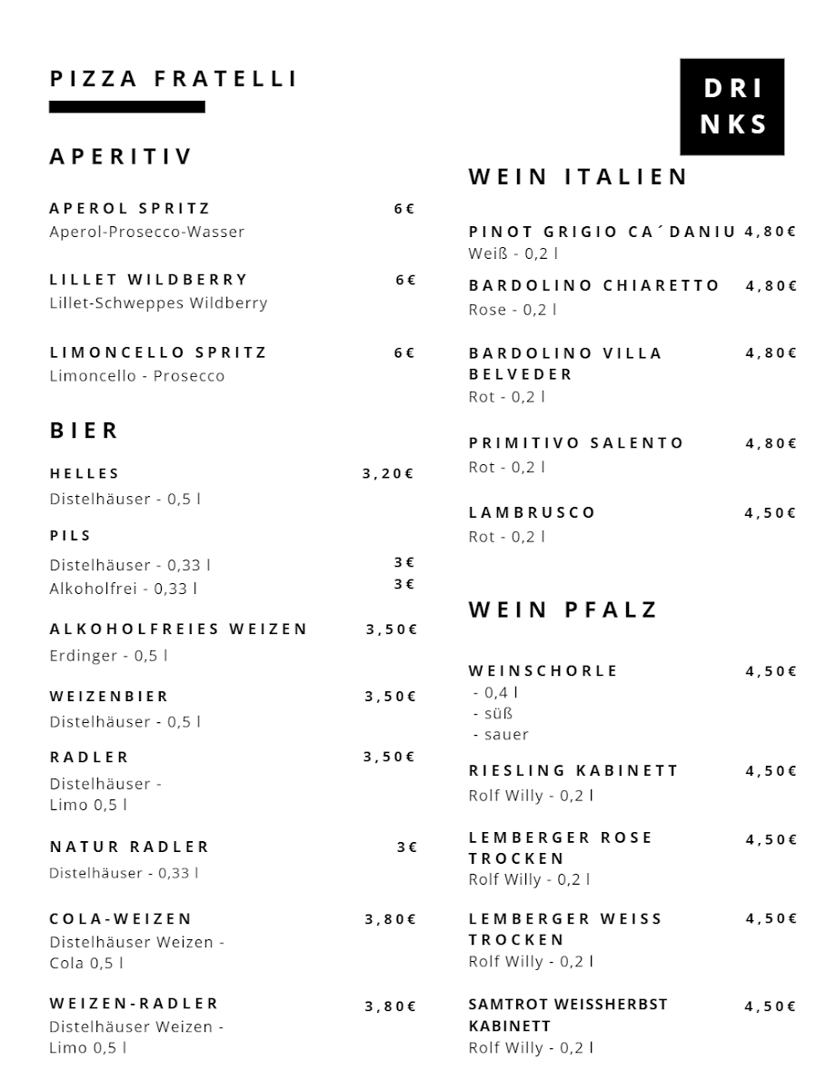 Speisekarte, Pizza Fratelli