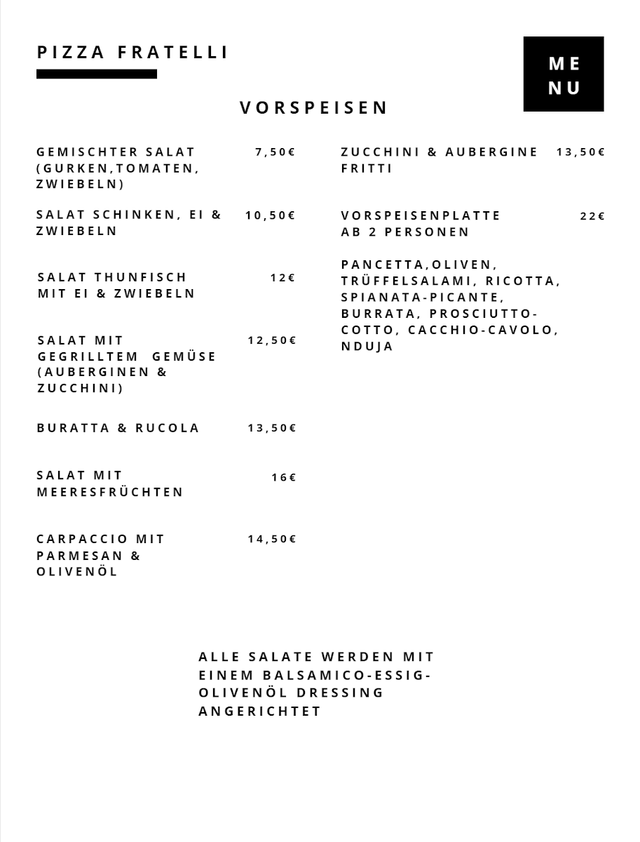 Speisekarte, Pizza Fratelli