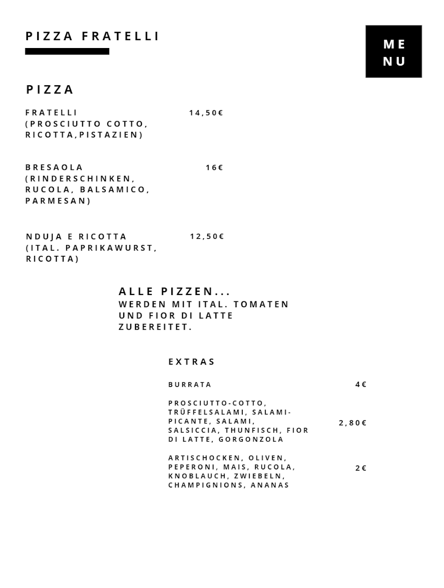 Speisekarte, Pizza Fratelli