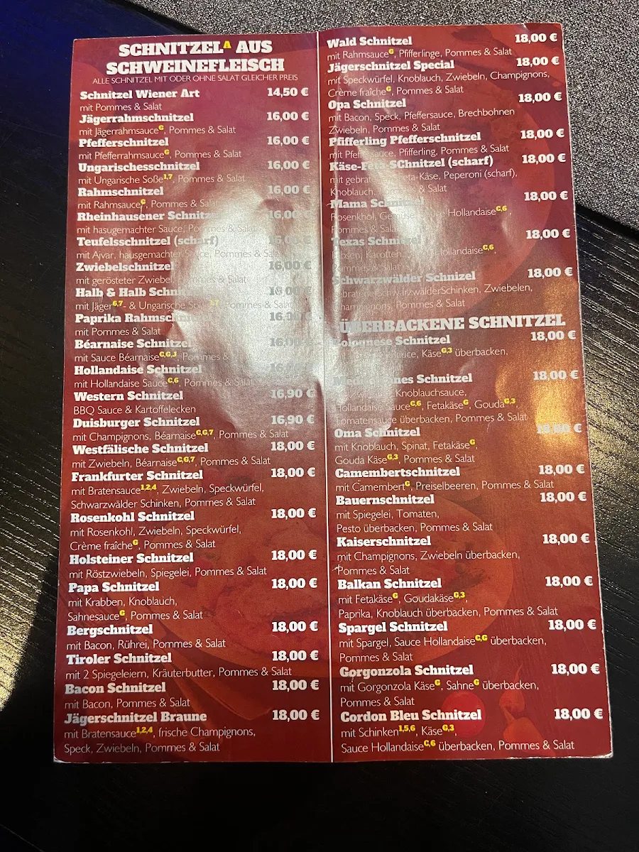 Speisekarte, Rheinhausener Schnitzelhaus