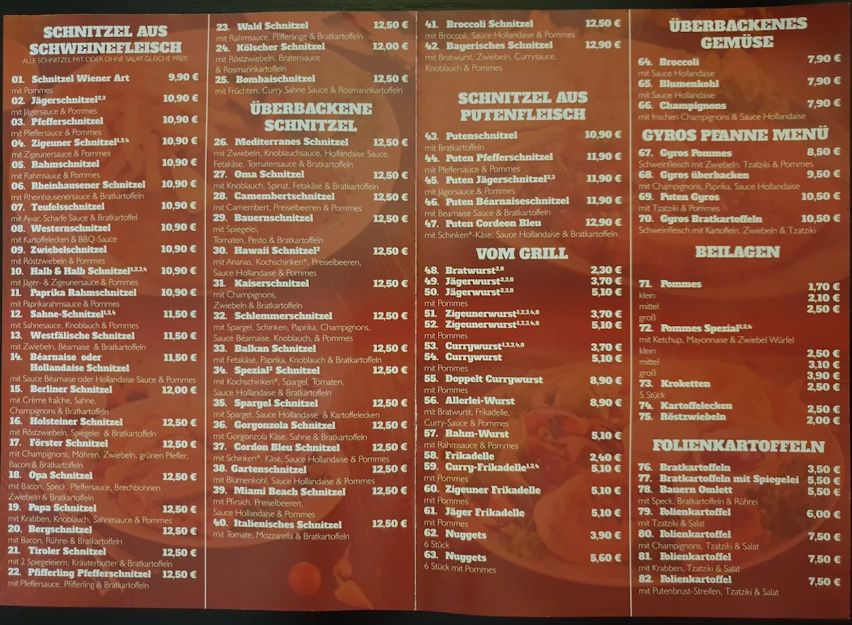 Speisekarte, Rheinhausener Schnitzelhaus