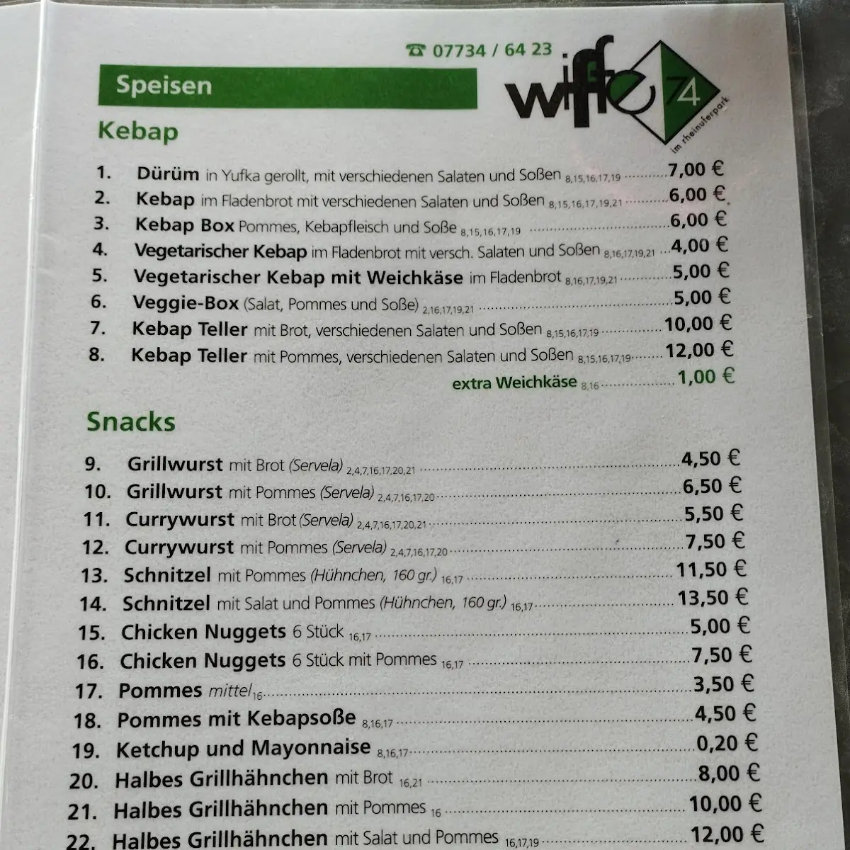 Speisekarte, Wiffe 74