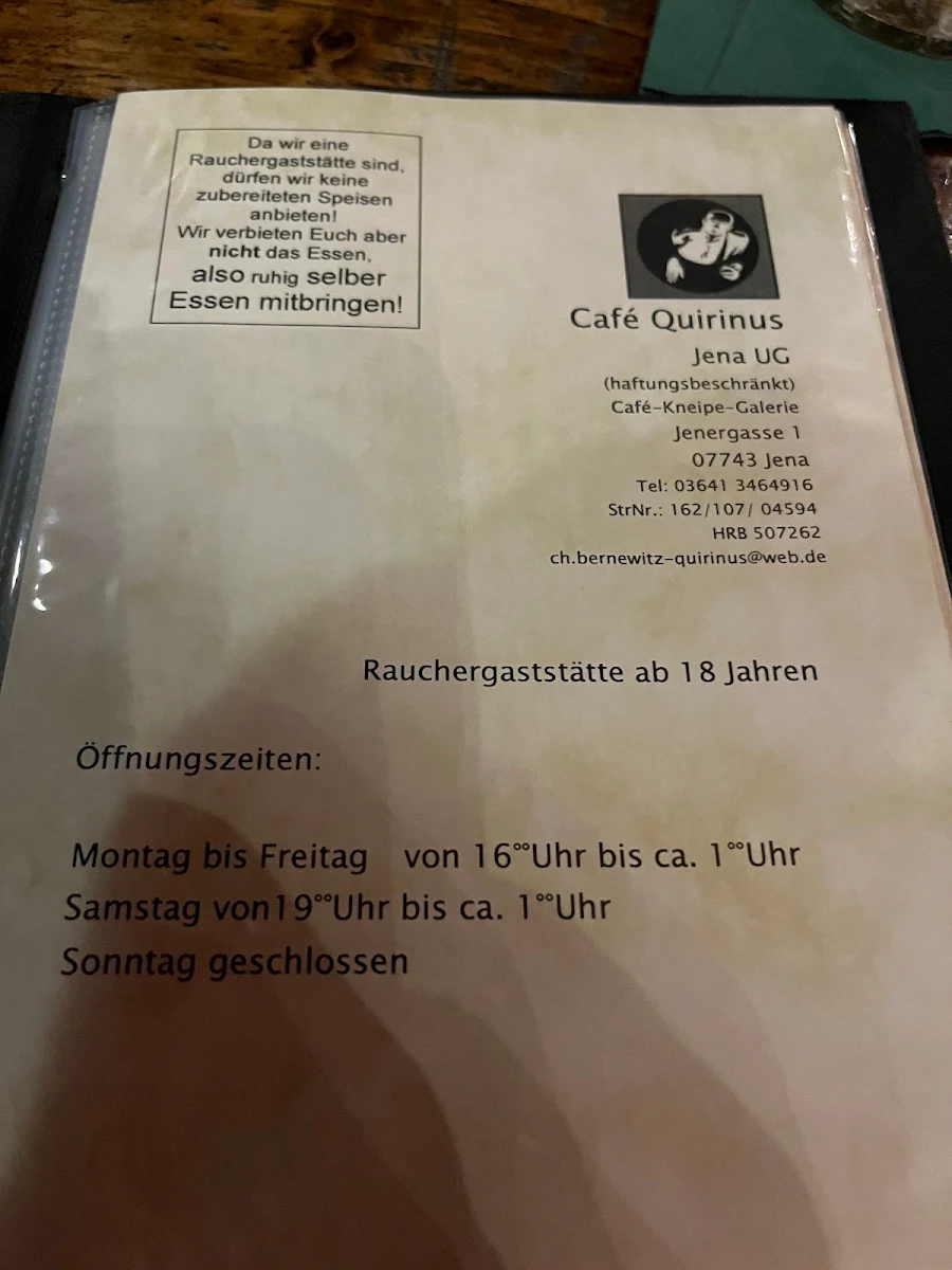 Speisekarte, Café Quirinus