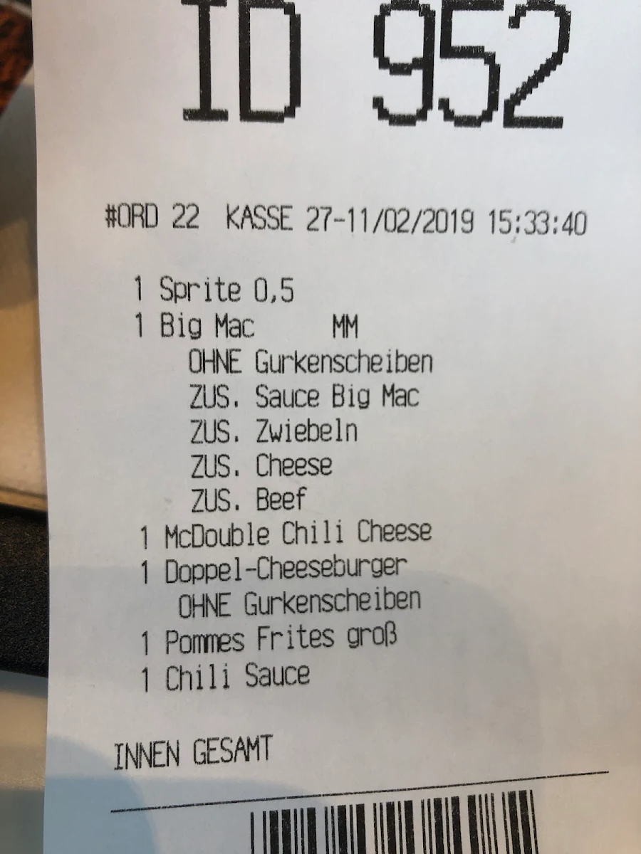 Speisekarte, McDonald's