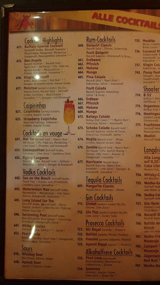 Speisekarte, Buffalo Grill