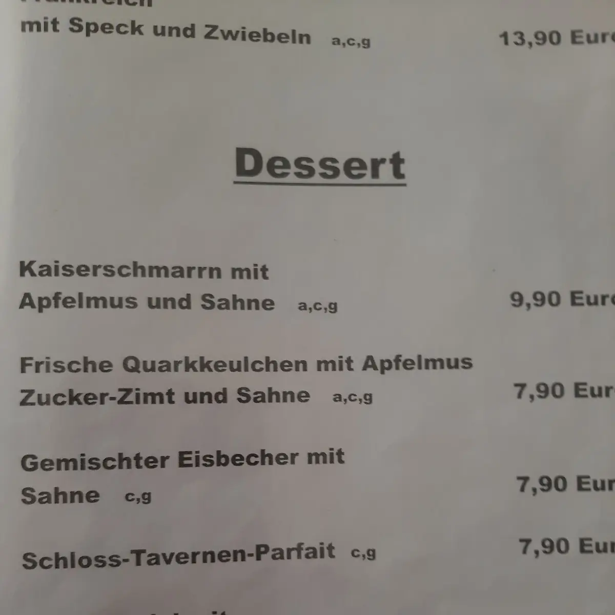 Speisekarte, Schloss-Taverne