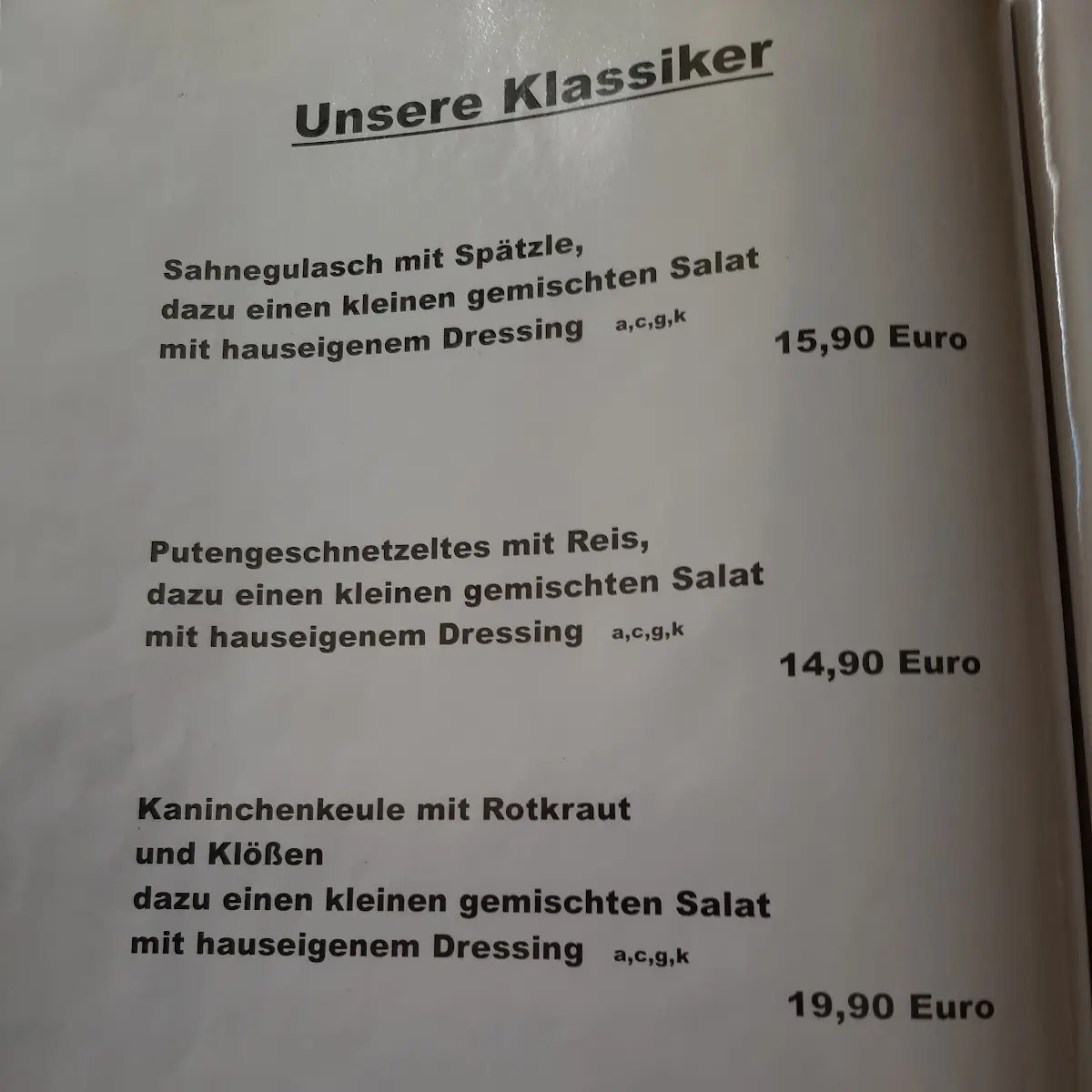 Speisekarte, Schloss-Taverne