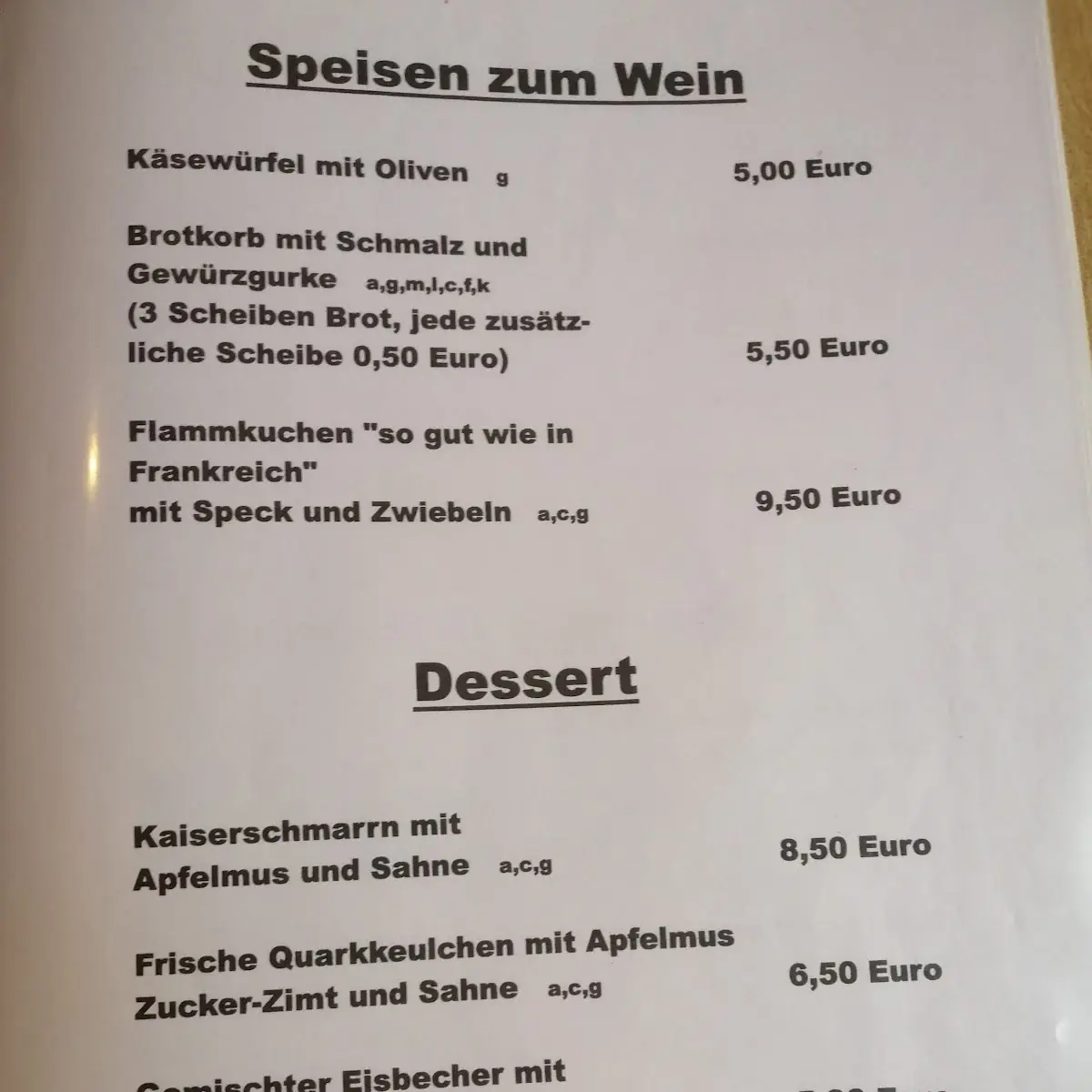 Speisekarte, Schloss-Taverne