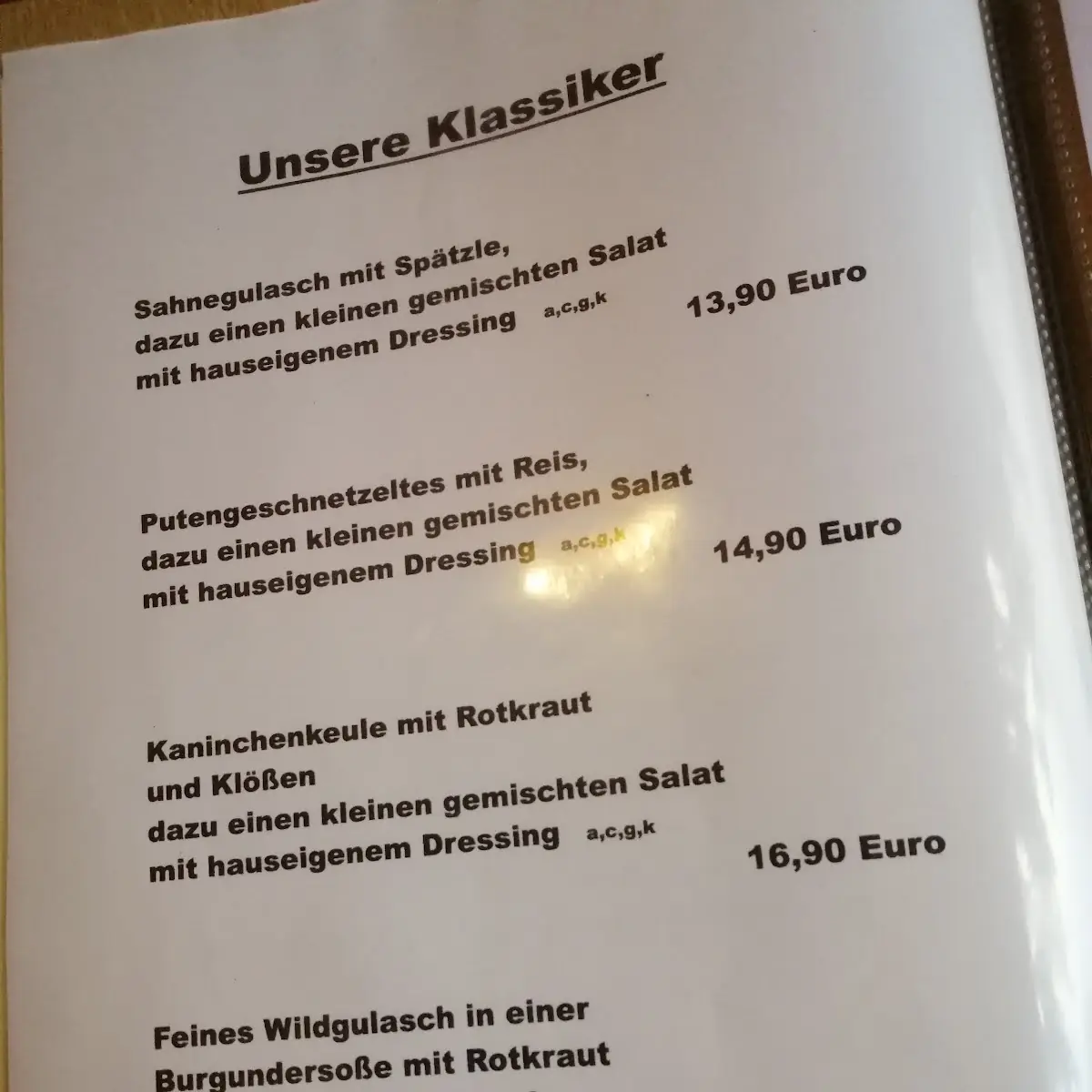 Speisekarte, Schloss-Taverne