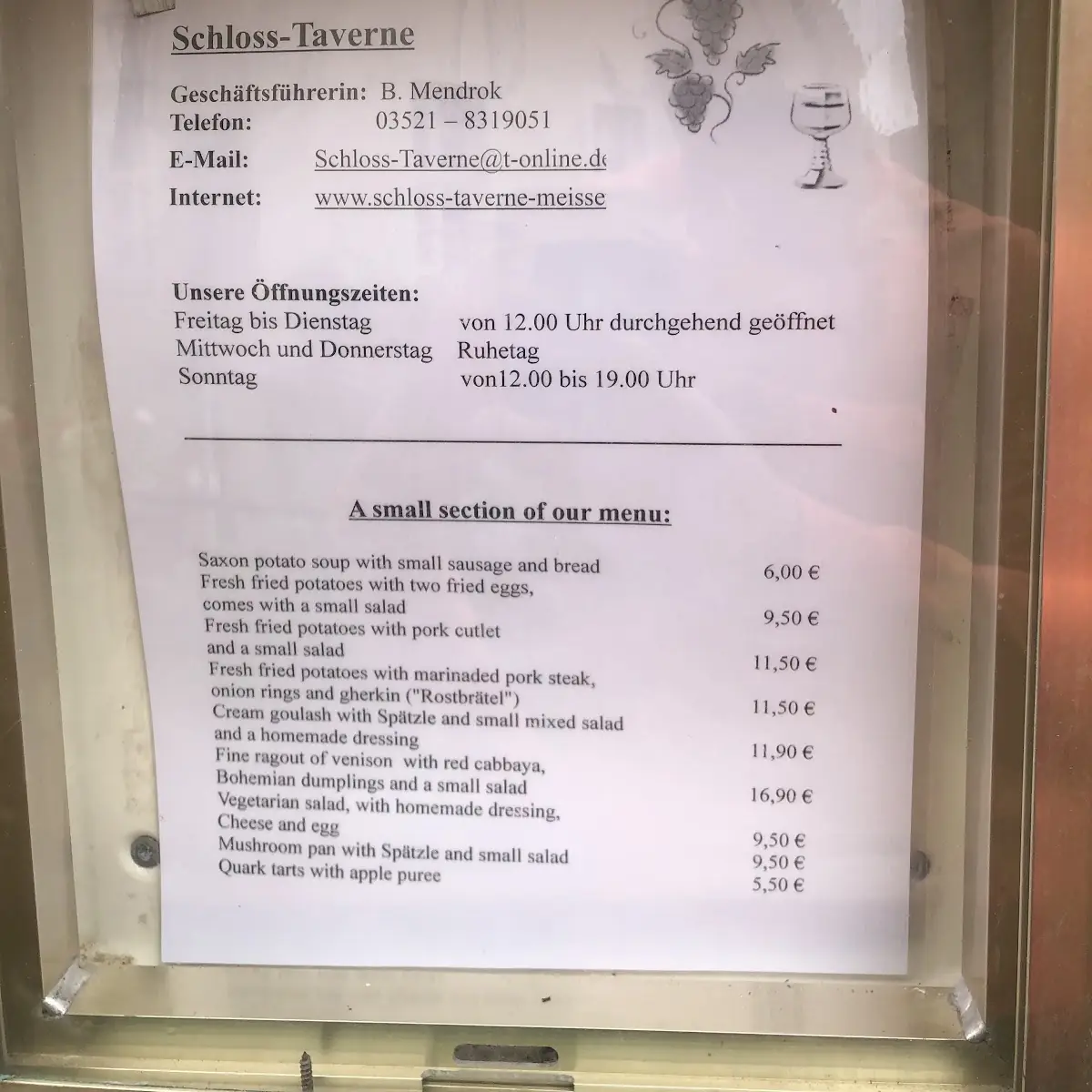 Speisekarte, Schloss-Taverne