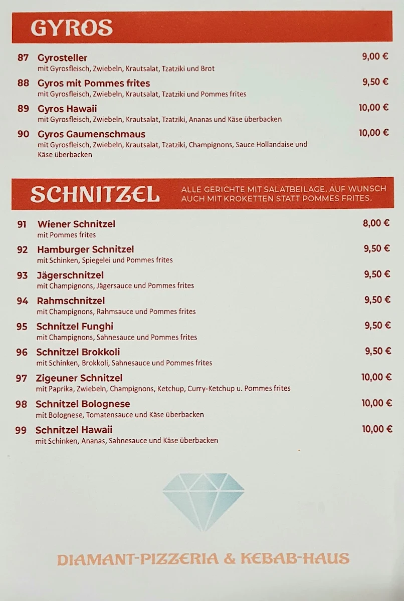 Speisekarte, Diamant pizzeria &kebap Haus
