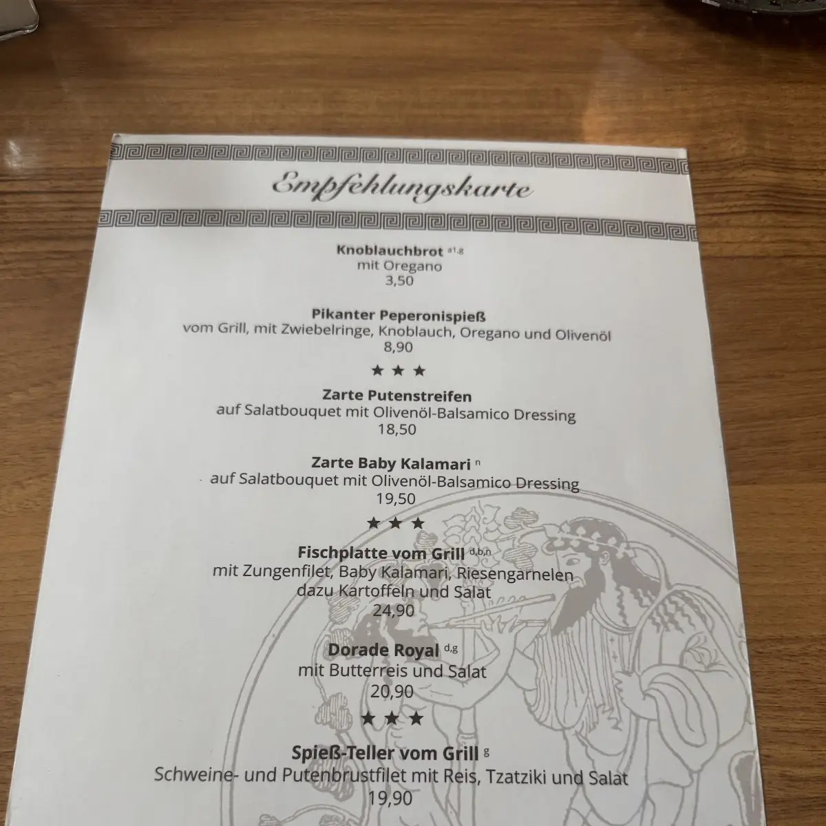 Speisekarte, Gaststätte Dionysos