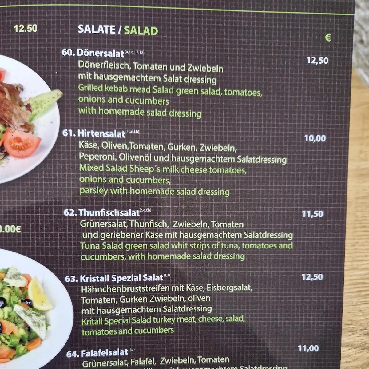 Speisekarte, Kristall Restaurant