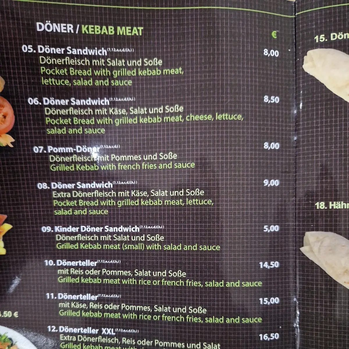 Speisekarte, Kristall Restaurant
