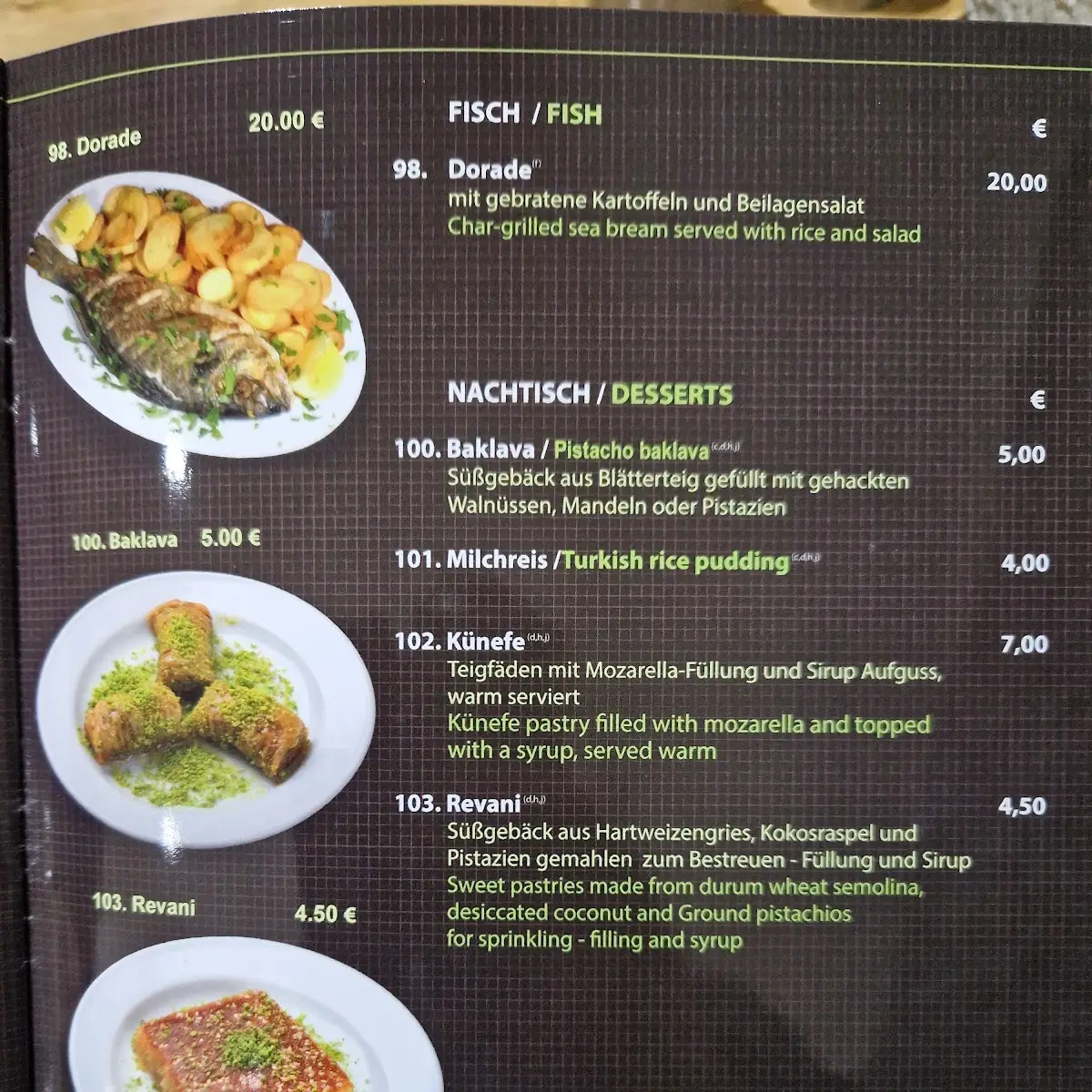Speisekarte, Kristall Restaurant