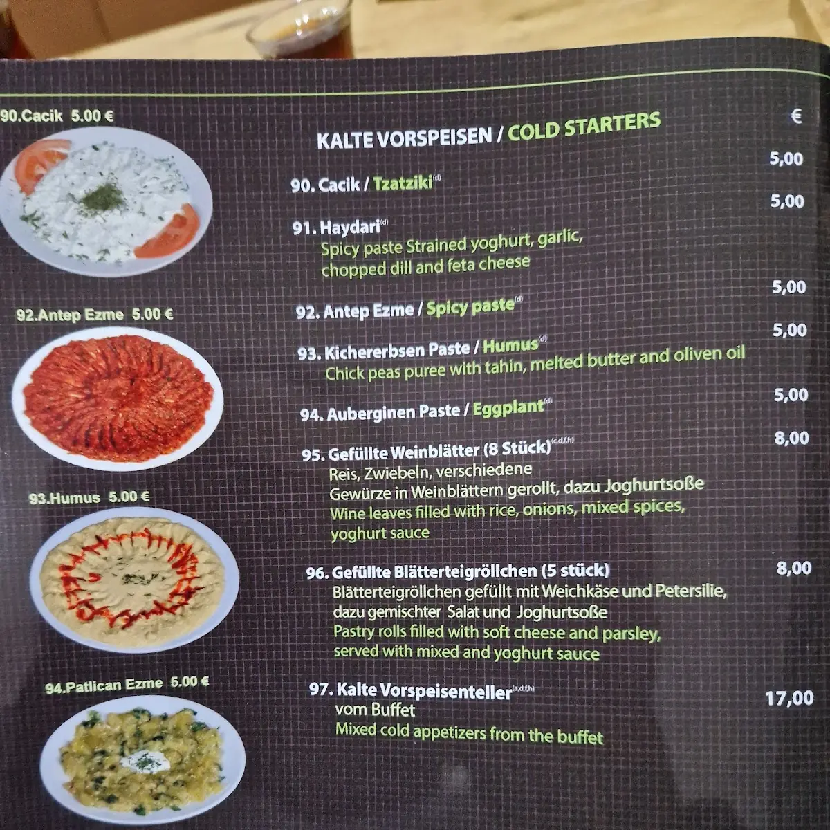 Speisekarte, Kristall Restaurant