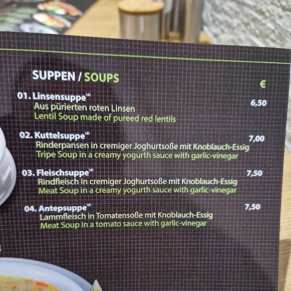 Speisekarte, Kristall Restaurant