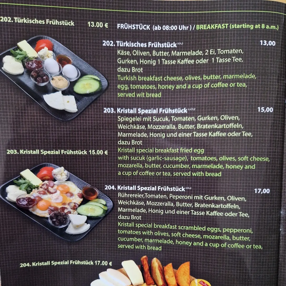 Speisekarte, Kristall Restaurant