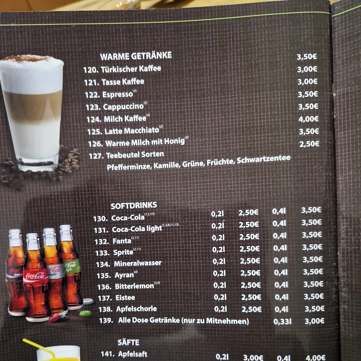 Speisekarte, Kristall Restaurant