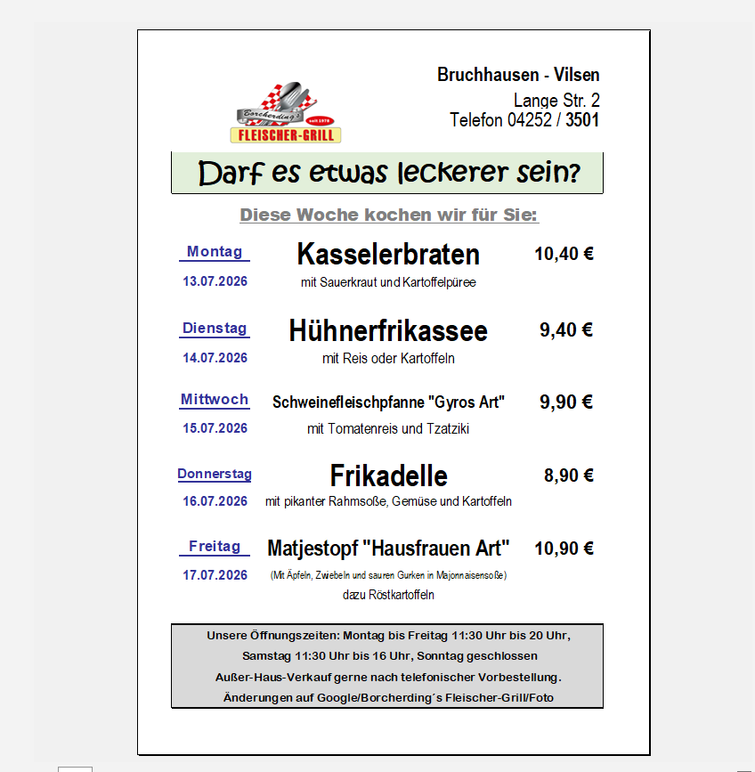Speisekarte, Borcherding´s Fleischer-Grill