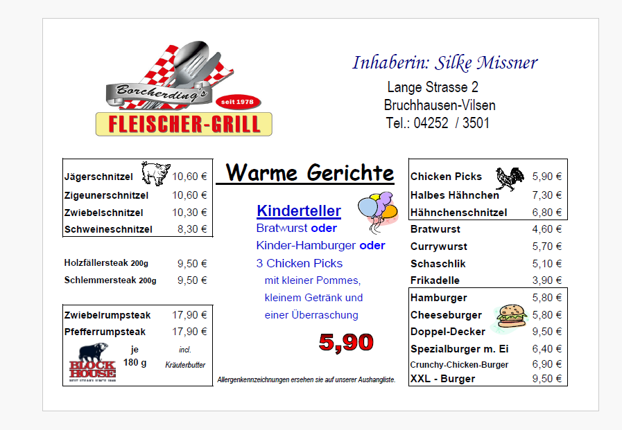 Speisekarte, Borcherding´s Fleischer-Grill