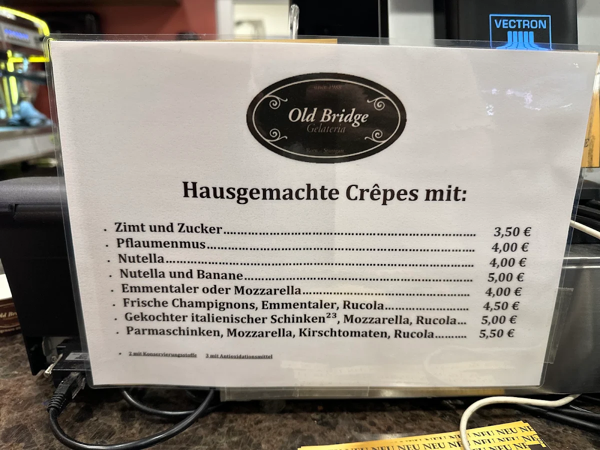 Speisekarte, Old Bridge Gelateria