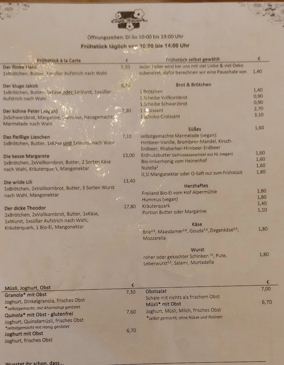 Speisekarte, Café Franck