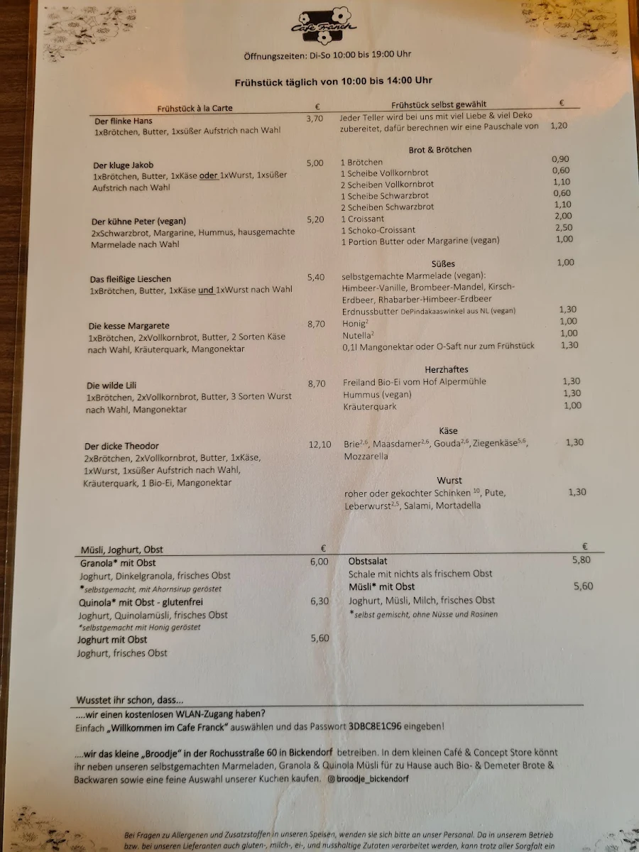 Speisekarte, Café Franck