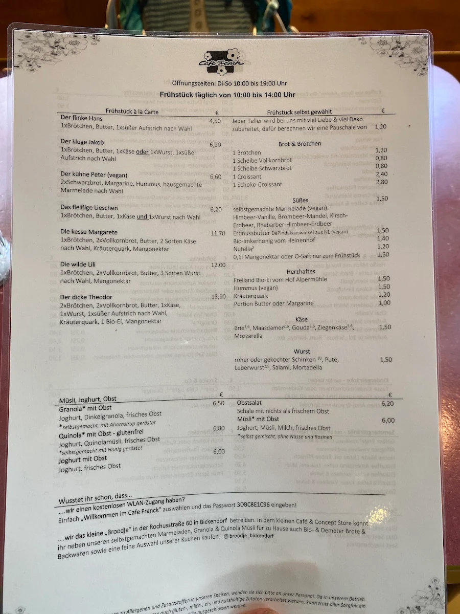 Speisekarte, Café Franck