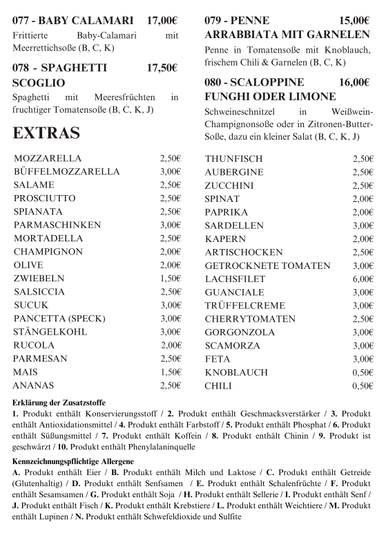 Speisekarte, Tarantella Frankfurt
