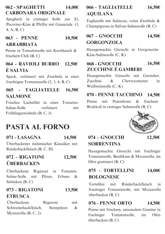 Speisekarte, Tarantella Frankfurt