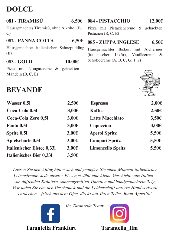 Speisekarte, Tarantella Frankfurt
