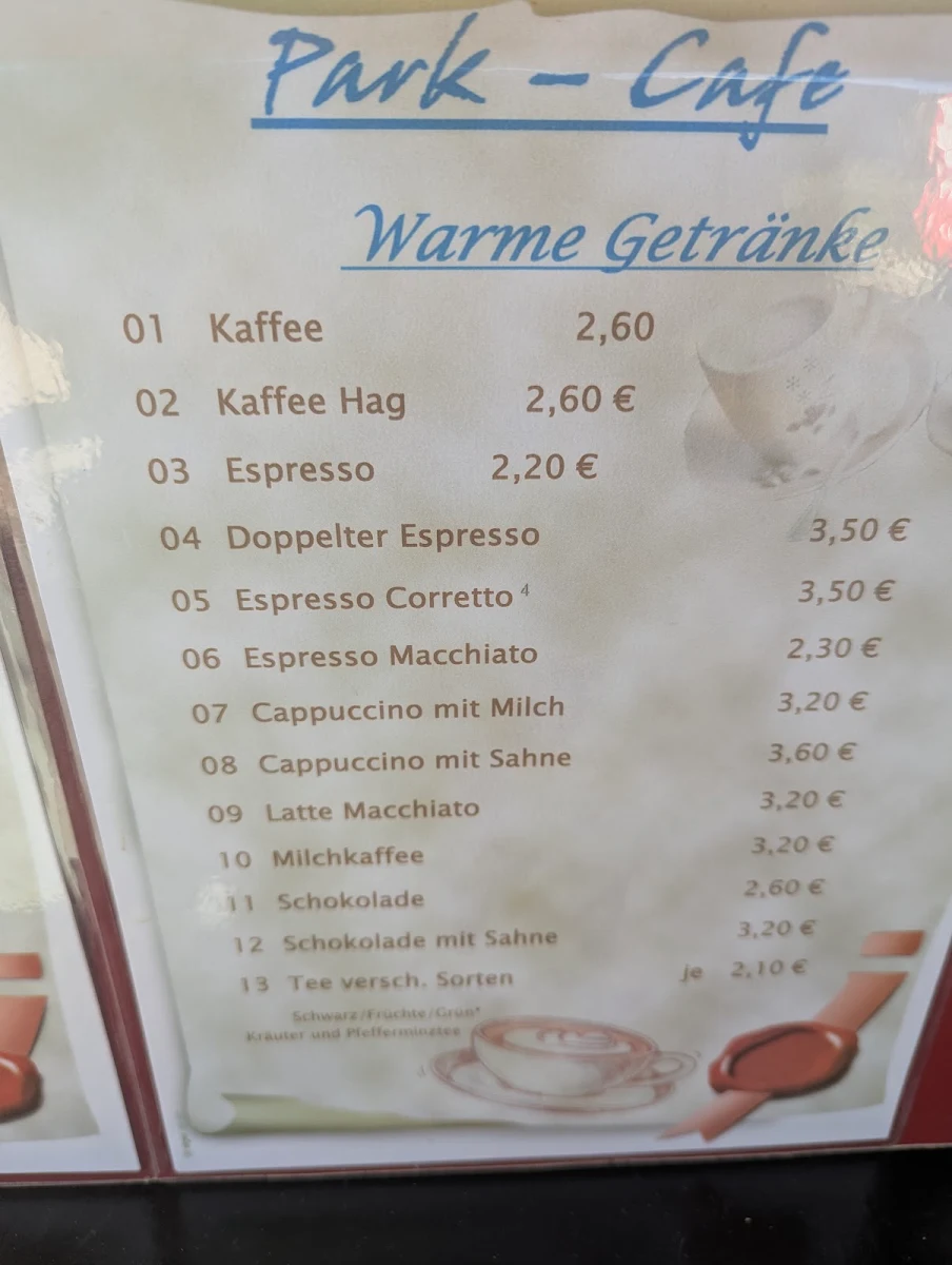 Speisekarte, Parkcafé am Mäuseturm