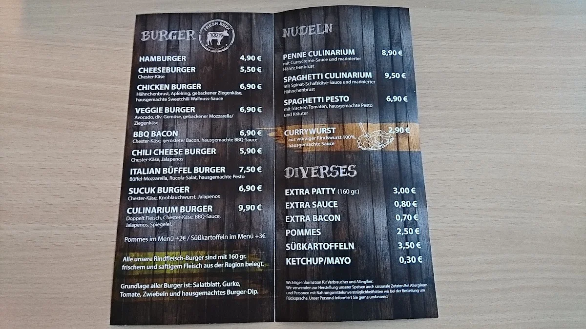 Speisekarte, Burger Culinarium