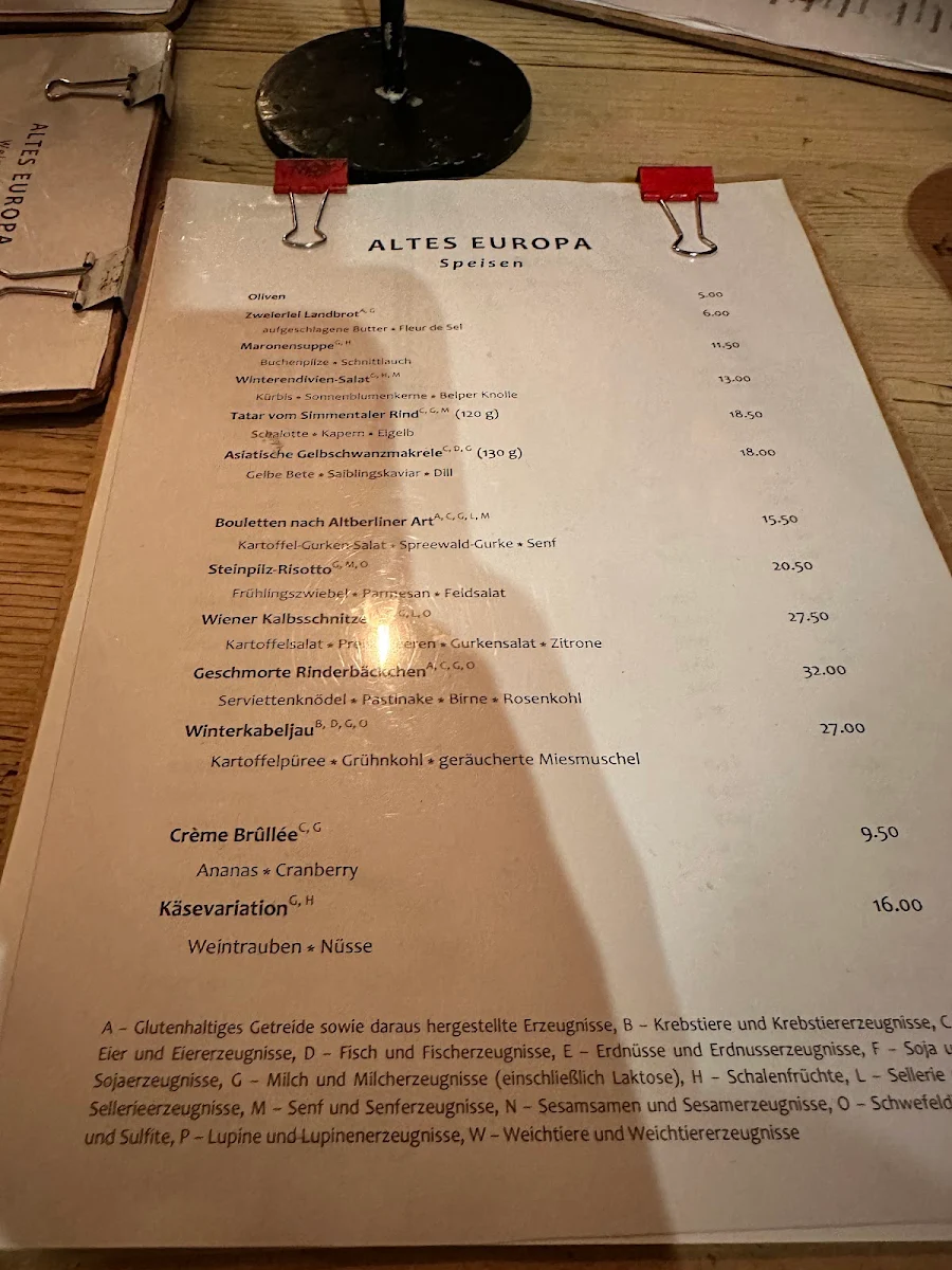 Speisekarte, Altes Europa Restaurant