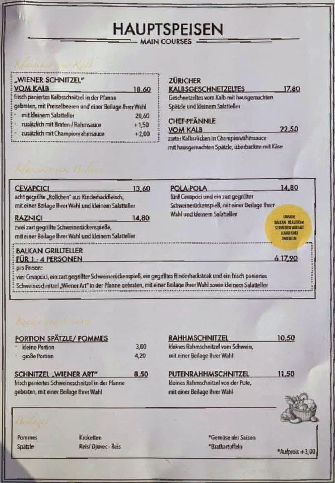 Speisekarte, Sportgaststätte Zum SEPP