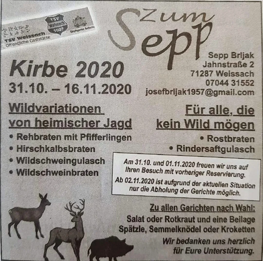 Speisekarte, Sportgaststätte Zum SEPP