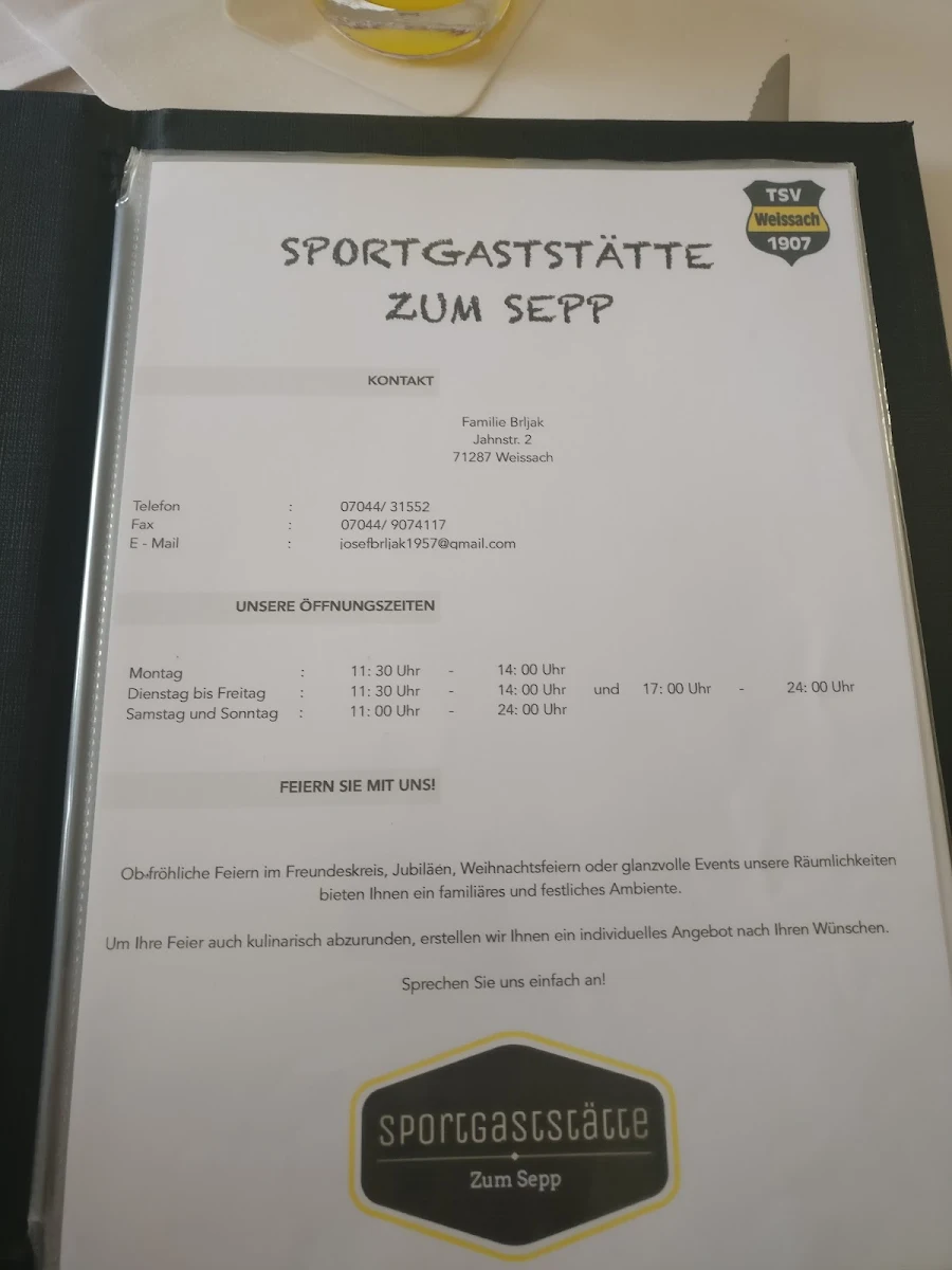 Speisekarte, Sportgaststätte Zum SEPP