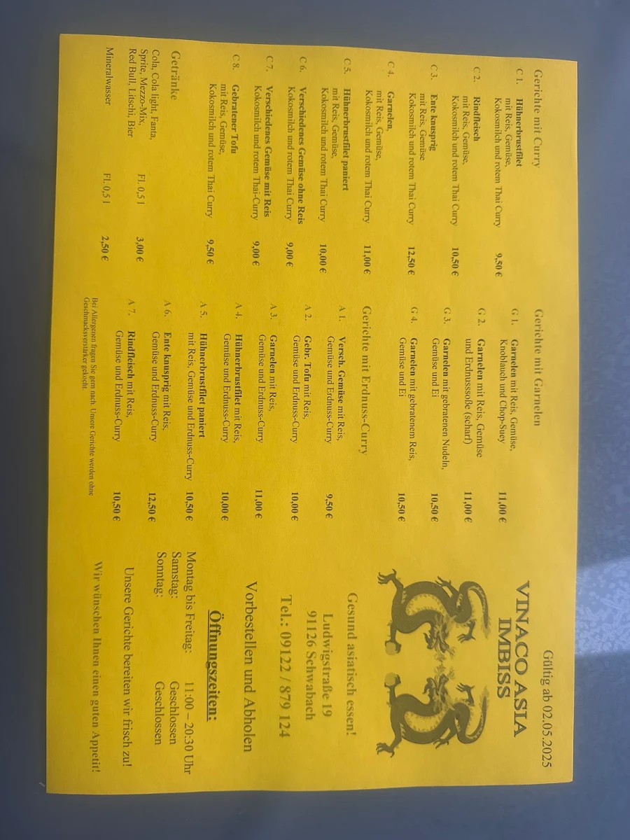Speisekarte, Vinaco Asia Imbiss