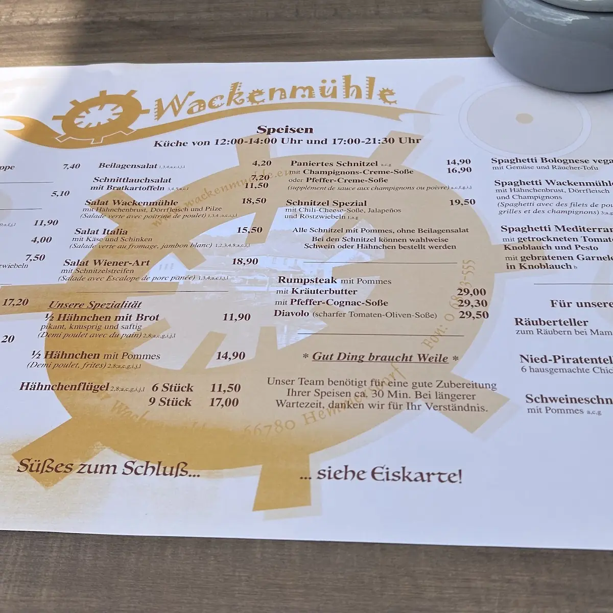 Speisekarte, Zur Wackenmühle