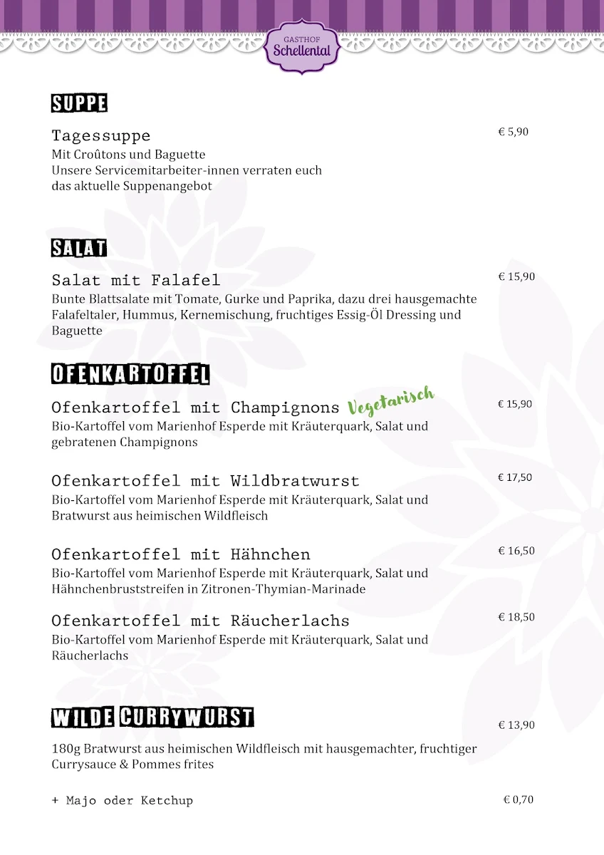 Speisekarte, Gasthof Schellental - Restaurant in Bad Pyrmont