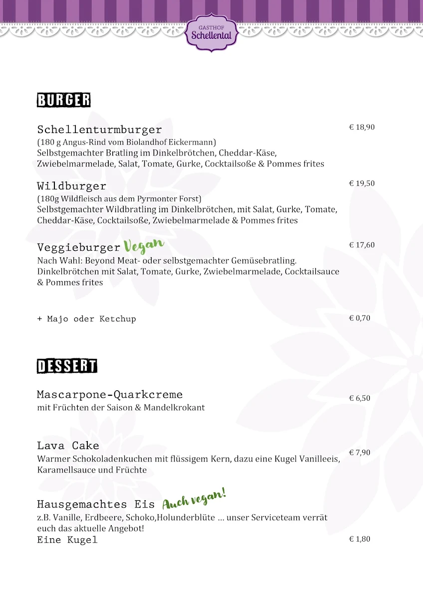 Speisekarte, Gasthof Schellental - Restaurant in Bad Pyrmont